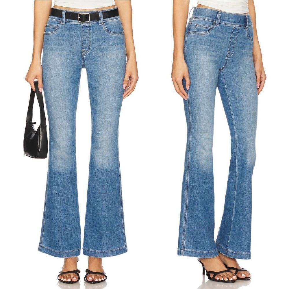 NWT SPANX Flare Jeans Size Large Stonewashed Blue Pull-On Stretch Denim Regular